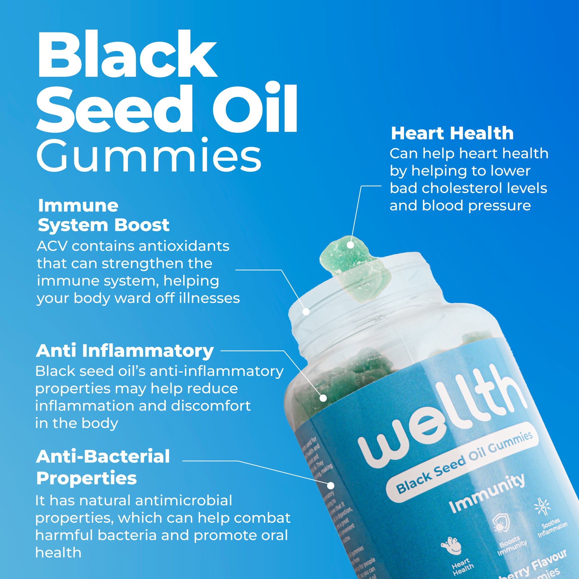 Black Seed Oil Gummies support the immune system, blood sugar, digestion, and skin/hair health.